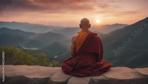 Buddhist monk in meditation at beautiful sunset or sunrise background on high mountain  back view 