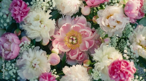 Wallpaper Mural top view of the peony frame, creating an elegant and symmetrical visual effect generative ai Torontodigital.ca