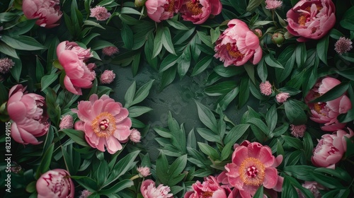 top view of the peony frame, creating an elegant and symmetrical visual effect generative ai