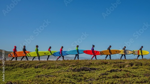 Group of People Carrying Surfboards Across Field