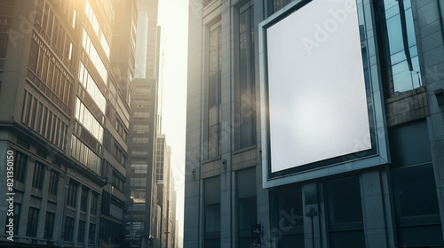 A blank empty canvas poster screen board hanging on a building at a the city center. 