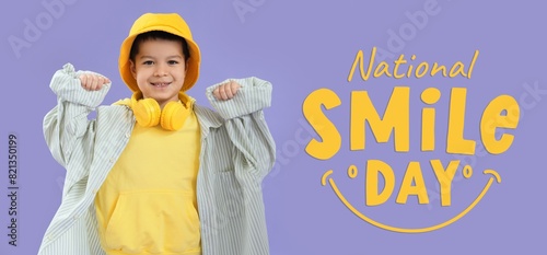 Banner for National Smile Day with little Asian boy in oversized clothes and with headphones