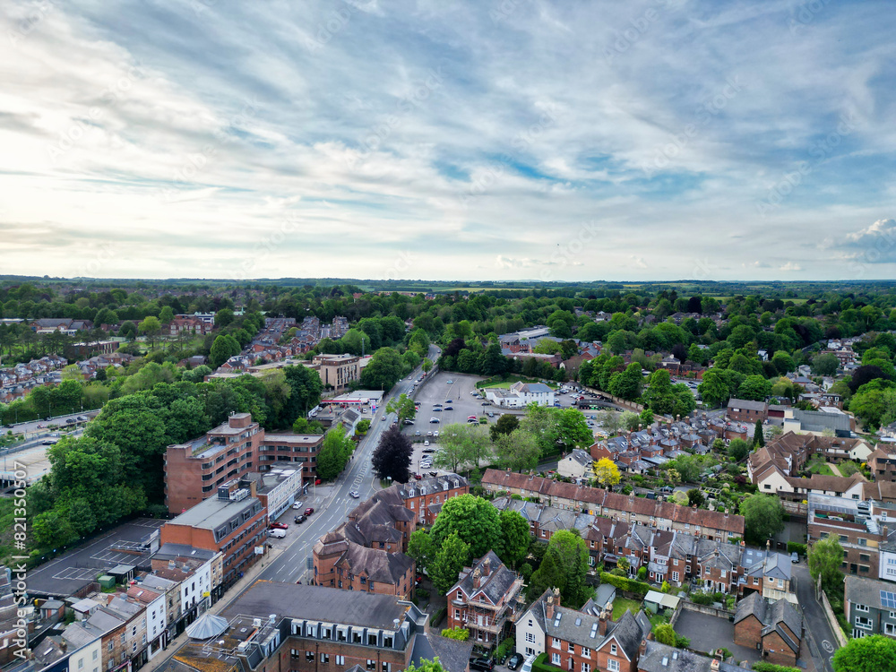 Obraz premium High Angle View of British Historical City of Winchester Central During Sunset. England United Kingdom, May 17th, 2024