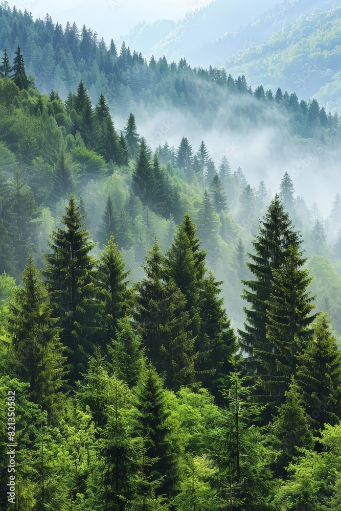 Obraz premium A lush green forest with a misty atmosphere