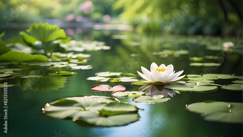 An exquisite image capturing the serene beauty of a pond with a focus on a rare  vibrant green blossom. The calm  clear water reflects the lush surrounding greenery  creating a tranquil and harmonious