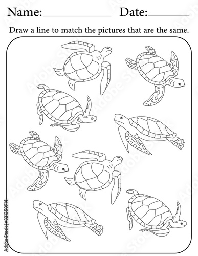 Sea Turtle Puzzle. Printable Activity Page for Kids. Educational Resources for School for Kids. Kids Activity Worksheet. Match Similar Shapes