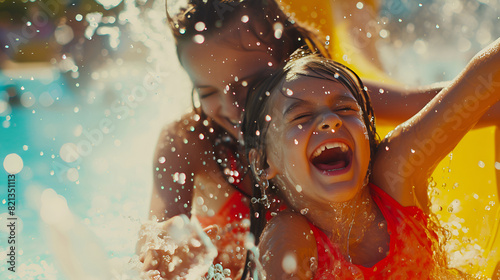 Children go down a water slide into a pool at an amusement park