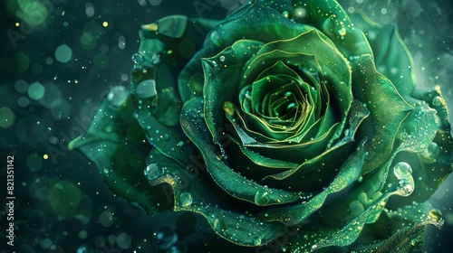 Green rose postcard, unusual futuristic vintage concept, wedding invitation