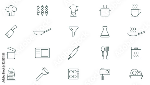Kitchen and cooking line icons set. Recipe book, chef hat and cutting board, frying pan and Kitchen utensils. Fork, spoon and knife line icons. Outline icon collection. Thin outline icons pack.