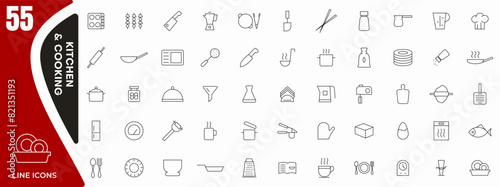 Kitchen and cooking line icons set. Recipe book, chef hat and cutting board, frying pan and Kitchen utensils. Fork, spoon and knife line icons. Outline icon collection. Thin outline icons pack.