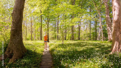 A young woman walks in a beech tree forest in Denmark with wild garlic flowers.