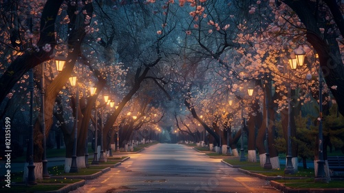 A serene boulevard with blooming trees is lit by nostalgic streetlights, casting a warm glow on the path.