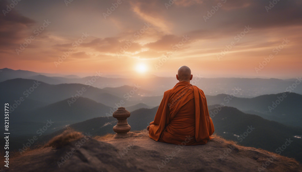 Buddhist monk in meditation at beautiful sunset or sunrise background on high mountain, back view
Buddhist monk in meditation at beautiful sunset or sunrise background on high mountain, back view