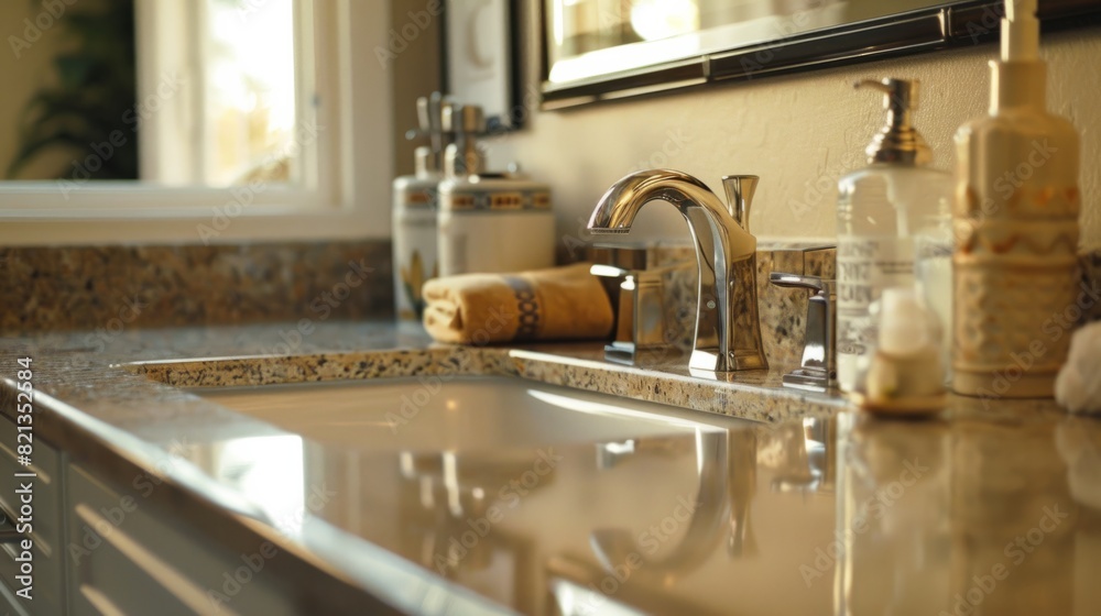 side of the sink, showing the arrangement of the elements on the granite countertop. generative ai side of the sink, showing the arrangement of the elements on the granite countertop. generative ai