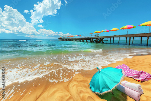 A tranquil tropical beach with golden sand  gentle waves  and a wooden pier extending into the water  with vibrant beach umbrellas and towels under a clear blue sky