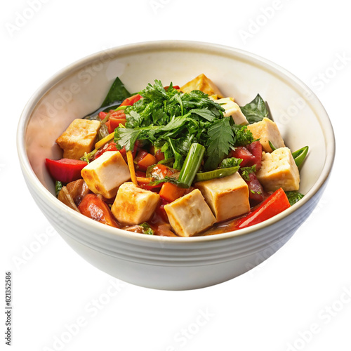 Veggie stir fry with tofu on white bowl Isolated on transparent background