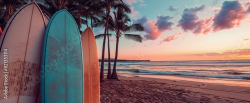 Row of Surfboards on Sandy Beach