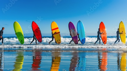 Group of People Carrying Surfboards Across Field