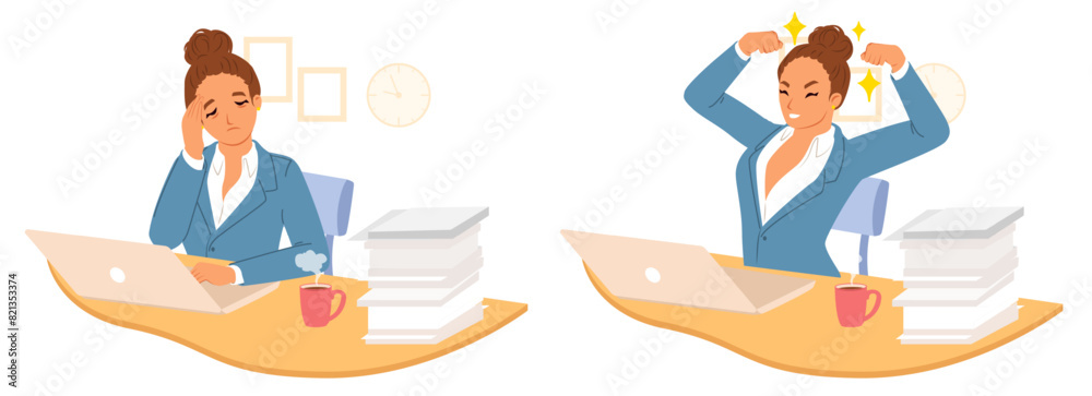 Tired and cheerful woman character at work scene set. Exhausted and energetic female worker cartoon vector illustration