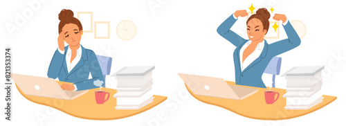 Tired and cheerful woman character at work scene set. Exhausted and energetic female worker cartoon vector illustration