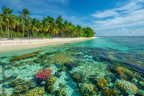 A tropical beach with fine white sand  clear blue water  and colorful coral reefs just below the surface  with palm trees lining the shore under a bright  sunny sky