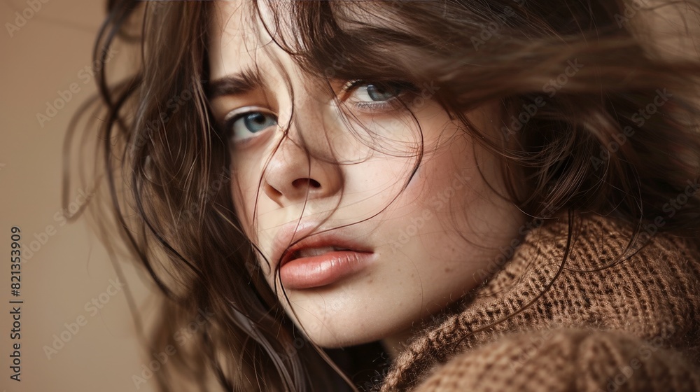 A woman with long brown hair and a tan sweater