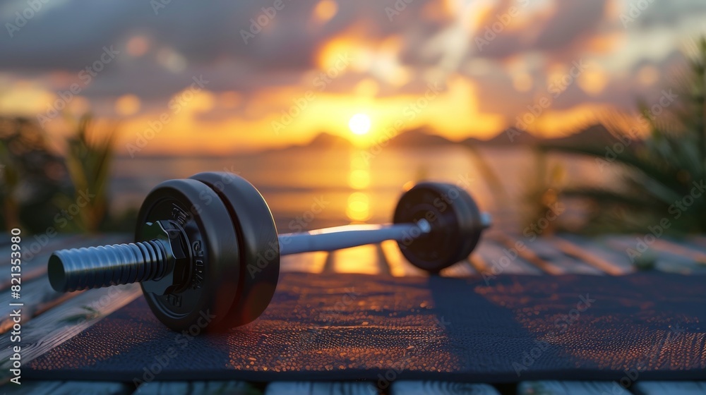 Dumbbell on a yoga mat against a sunset background for fitness or wellness designs