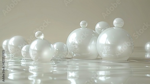   A group of white vases lined up on a white table, resting on a white floor photo