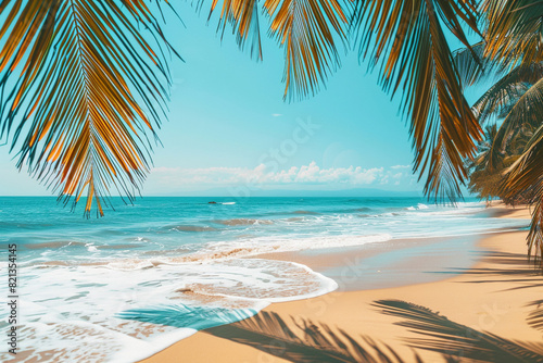 A tropical beach scene with golden sand and gentle waves lapping the shore, framed by swaying palm trees under a clear, sunny sky
