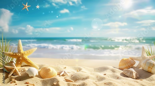 Beautiful beach with starfish and seashells in the foreground, and gentle waves in the background.