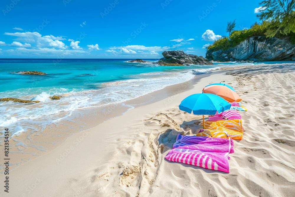 A tropical beach scene with soft white sand, gentle waves, and a rocky outcrop in the distance, with vibrant beach towels and umbrellas under a clear blue sky