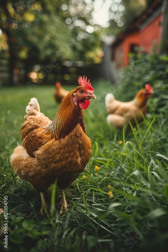 A chicken is standing in a grassy field