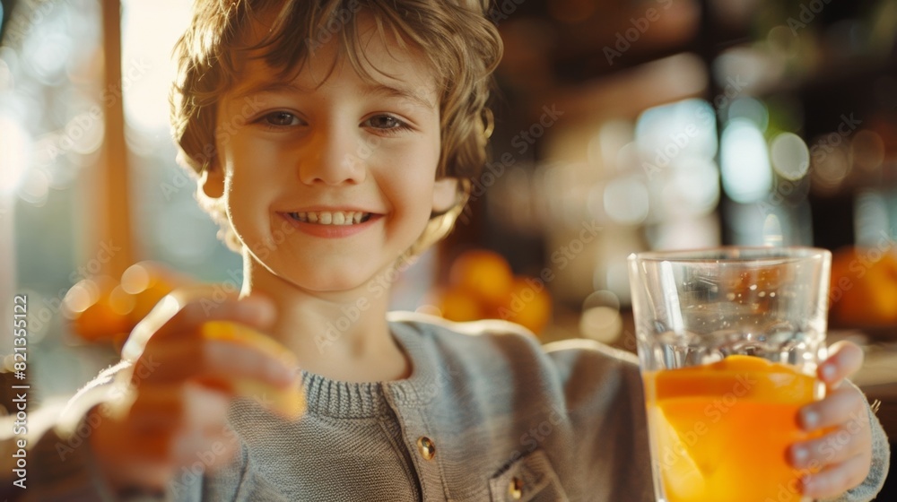 A boy with an enthusiastic smile holds up his glass of tau tangerine clearly enjoying the unique flavor. A boy with an enthusiastic smile holds up his glass of tau tangerine clearly enjoying the unique flavor.