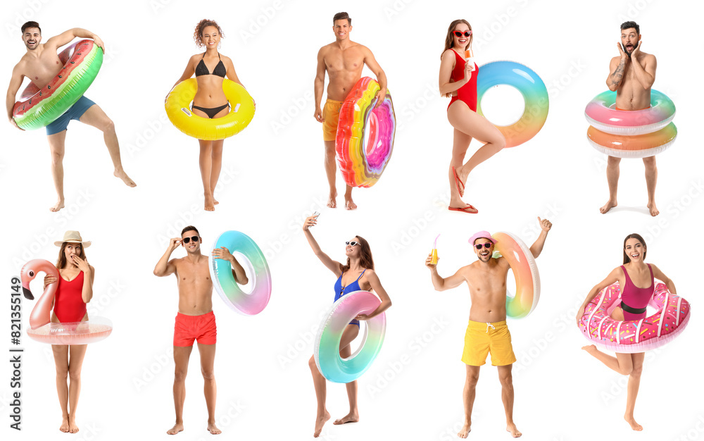 Set of people with inflatable rings on white background Set of people with inflatable rings on white background
