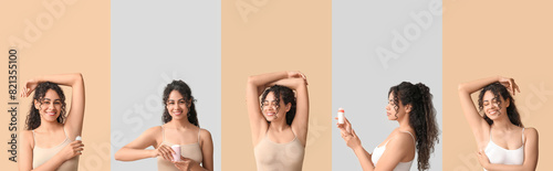 Φωτογραφία Set of beautiful young African-American woman with deodorant on color background