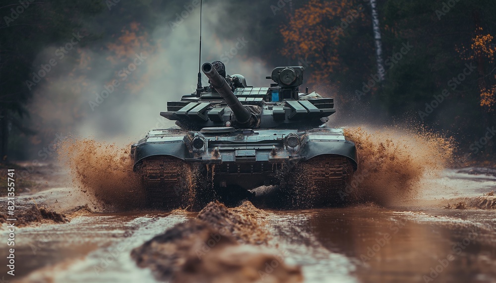Tank splashes through muddy terrain Tank splashes through muddy terrain