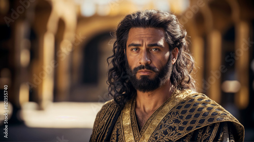 King David from the Bible. Strong, courageous, brave in battle. Biblical character. King Solomon walks in the courtroom. Portrait photo.