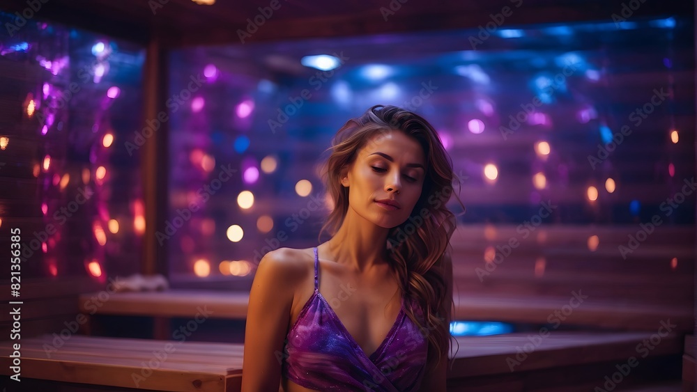 An attractive woman sitting in a room with blue and purple colors, feeling very relaxed An attractive woman sitting in a room with blue and purple colors, feeling very relaxed