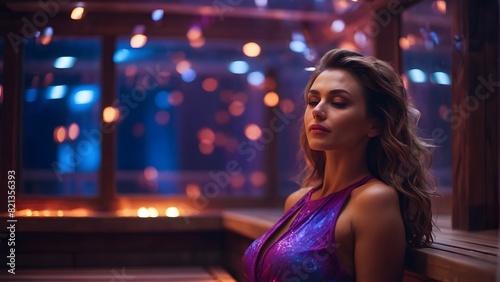 An attractive woman sitting in a room with blue and purple colors, feeling very relaxed