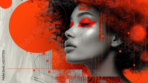 Female portrait with bold red makeup and curly hair against a background of geometric shapes and vibrant red elements. Perfect for modern art and fashion themes