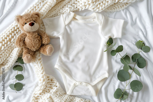 Mockup template of white cotton baby short sleeve bodysuit