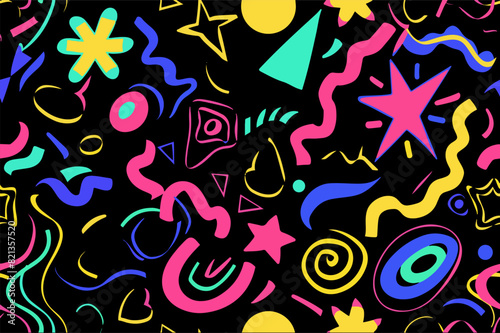  Fun shapes children seamless pattern. Flower geometric neon bright color funky groovy 90s cartoon isolated print pattern. Vector illustration on black background