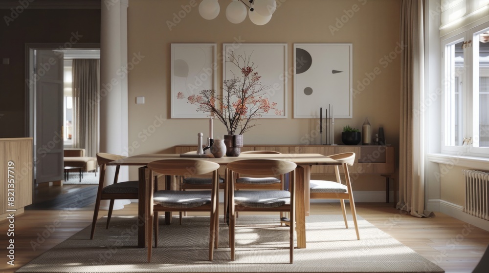 dining room, furniture and beige wall with poster frame generative ai dining room, furniture and beige wall with poster frame generative ai
