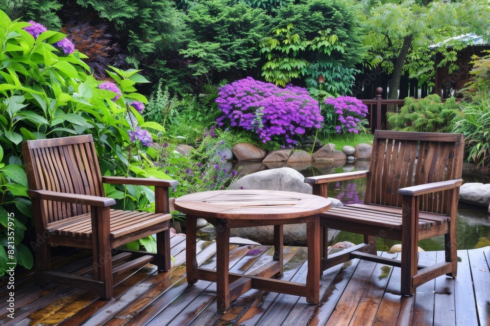 Fototapeta premium A wooden garden furniture set consisting of two chairs and one table on the deck, surrounded by lush greenery with purple flowers in bloom near an ornamental pond Generative AI