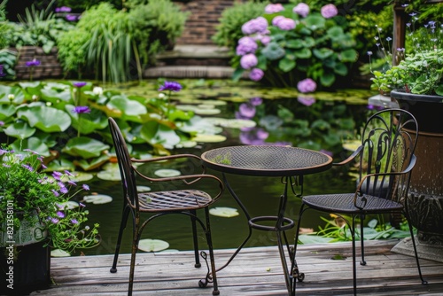 A wooden garden terrace with two chairs and an outdoor table  surrounded by greenery with a pond of water lilies in the background Generative AI