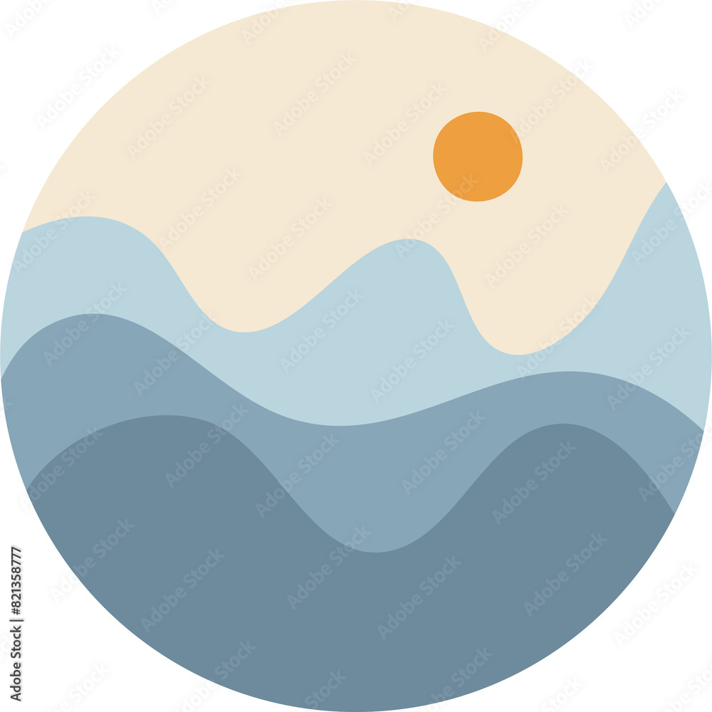 Minimalist illustration of mountain landscape with sun Minimalist illustration of mountain landscape with sun