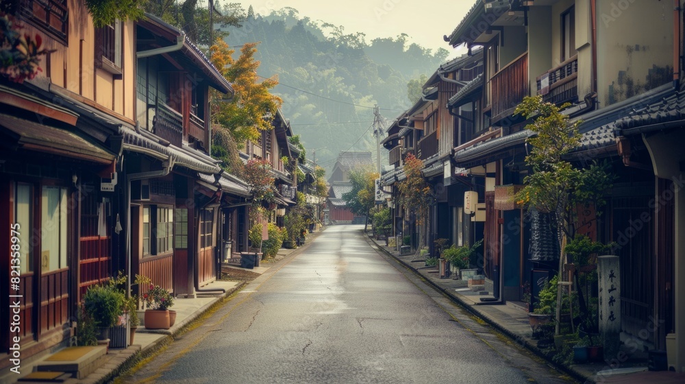 village street, showing the houses lined up along the road generative ai village street, showing the houses lined up along the road generative ai