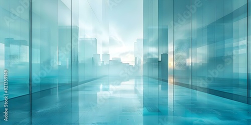 Glass graph reflects cityscape against blue backdrop symbolizing urban economic growth. Concept Urban Development  Economic Growth  Skyscraper Reflections  Glass Graph  Cityscape View