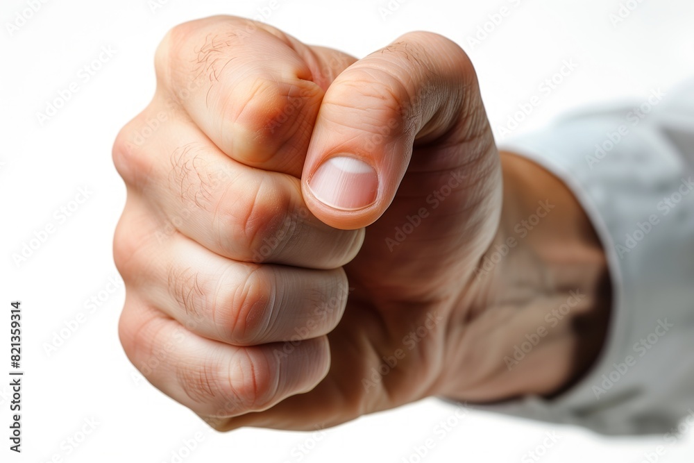 A man's hand is clenched into a fist, with his thumb pointing up. Concept of anger or frustration, as if the man is about to punch something or someone A man's hand is clenched into a fist, with his thumb pointing up. Concept of anger or frustration, as if the man is about to punch something or someone
