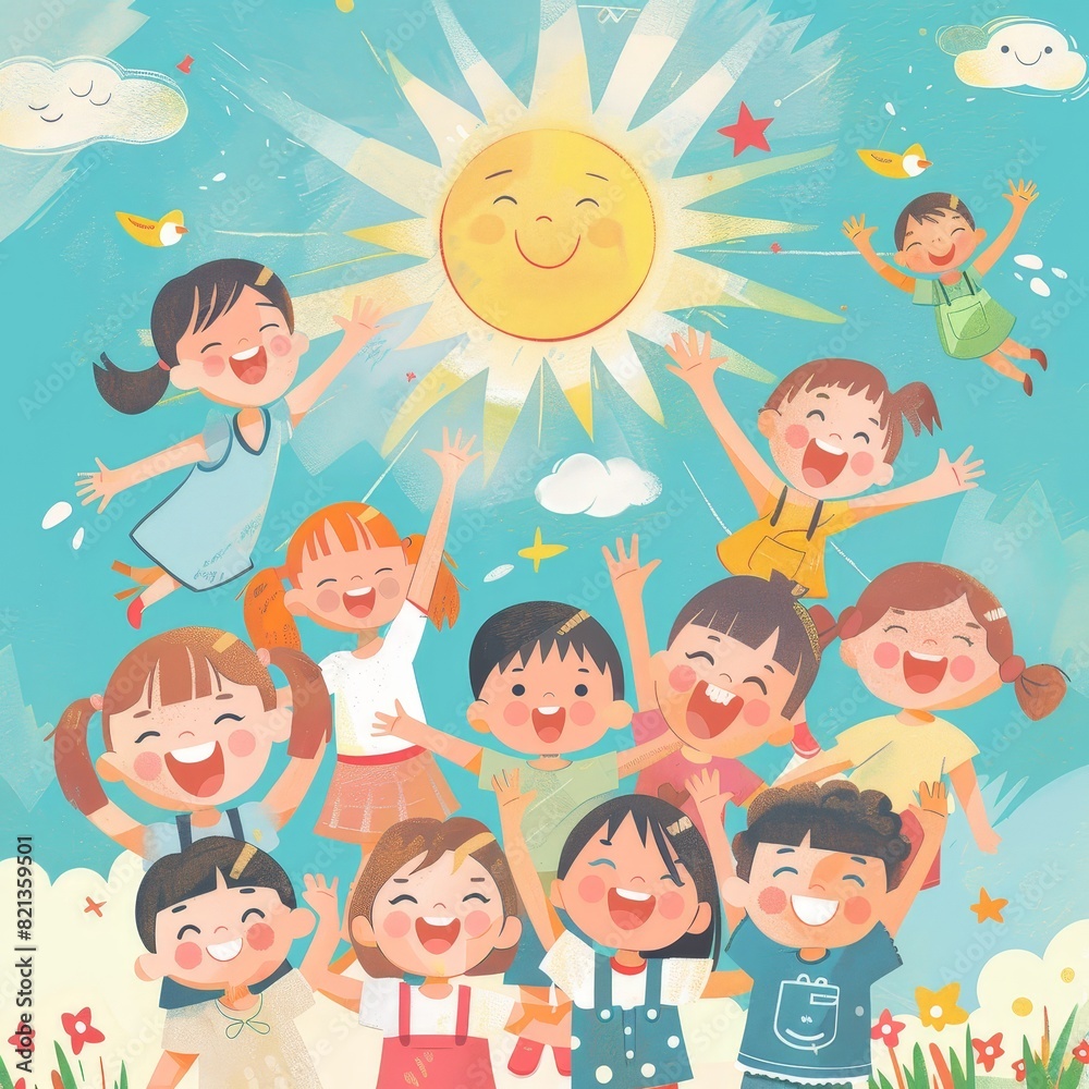 A group of children are playing outside in the sun A group of children are playing outside in the sun